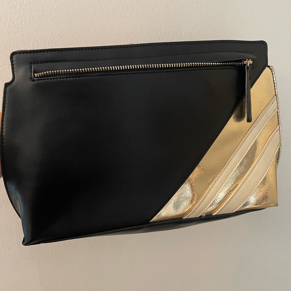 Black faux leather clutch with metallic gold/ivory trim geometric design